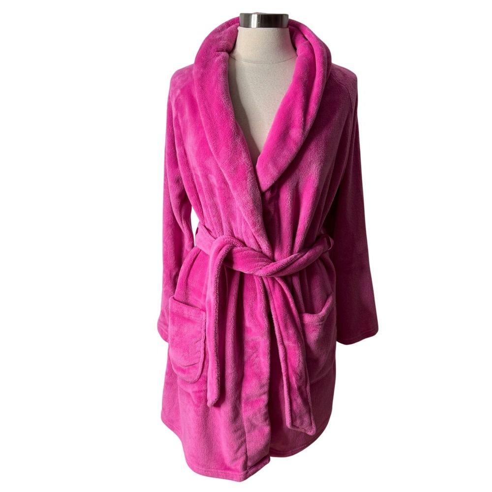 Victorias Secret Hot Pink Plush Fleece Monogram VS Logo Short Robe Womens XS S